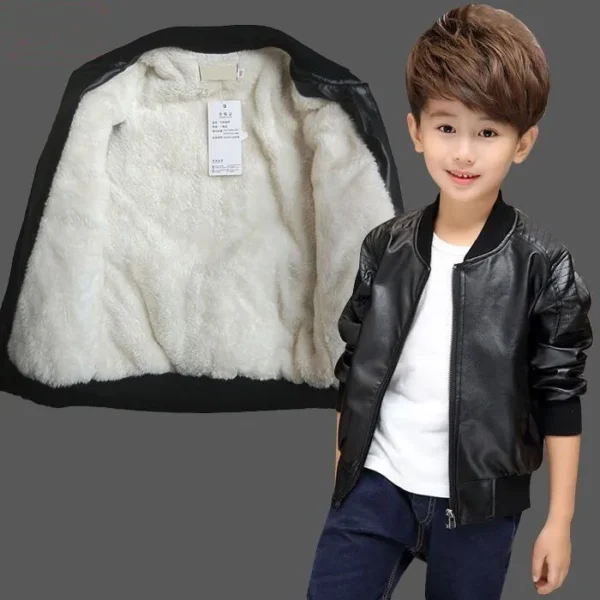 Boys Coats Autumn and  Winter Fashion Children's Plus Velvet / No Velvet Two styles Warming Cotton PU Leather Jacket For 1-11Y Kids - Image 2