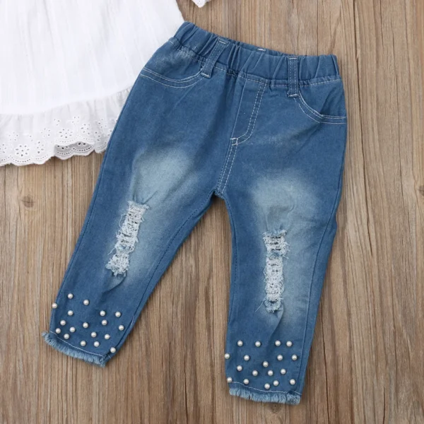 Kids Girls Clothes Outfits 2 Pieces White Off Shoulder Tops Beading Set 1-6 Years - Image 4