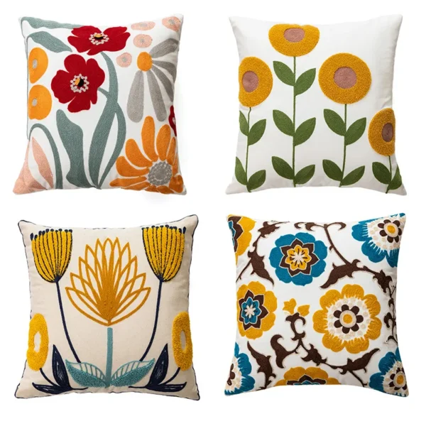 Flower Embroidered Throw Pillow Cover with Pastoral Style Living Room Sofa 12PCS 50x50CM - Image 2