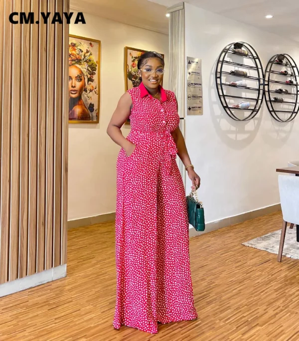 YAYA Dot Printed Single Breasted with Sashes Sleeveless Straight Wide Leg Jumpsuit - Image 2