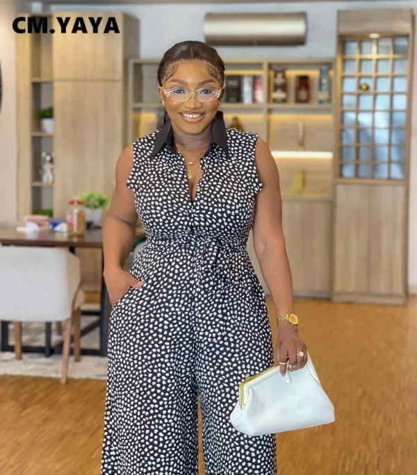 YAYA Dot Printed Single Breasted with Sashes Sleeveless Straight Wide Leg Jumpsuit - Image 3