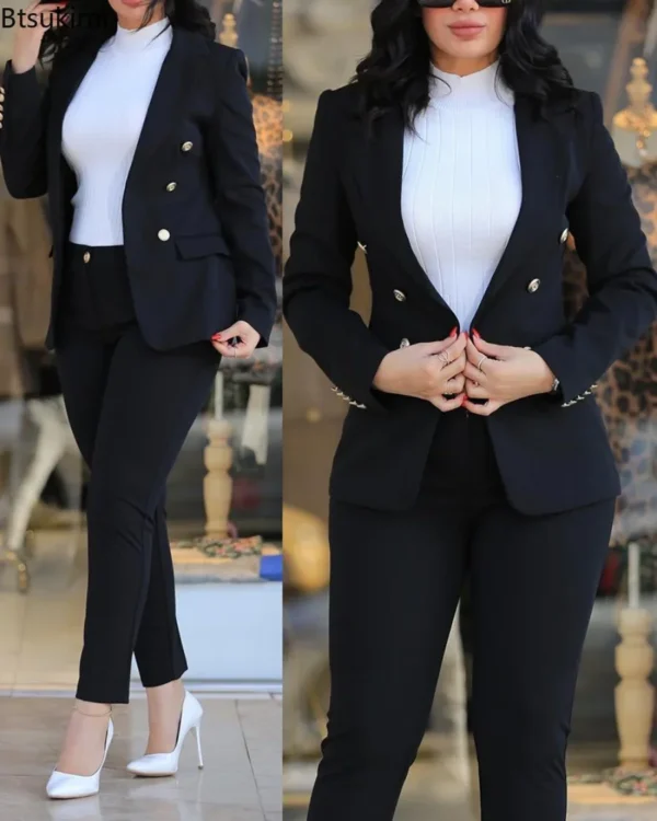 Katali  Office Pant Sets 2PCS Double Breasted Solid Blazers Jacket - Image 2