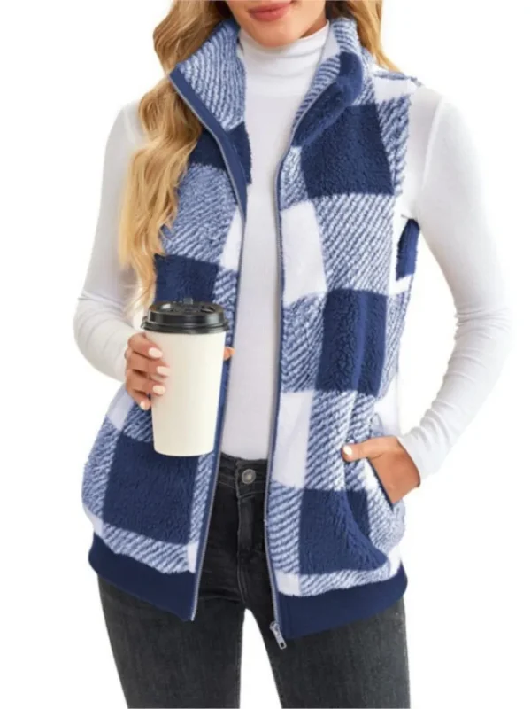 Winter Plaid Fleece Hoodie Vest Women's Cardigan