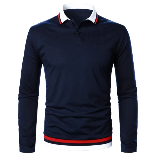 Men Long Sleeve Polo Shirt Solid Splicing Bi-Color - Image 2