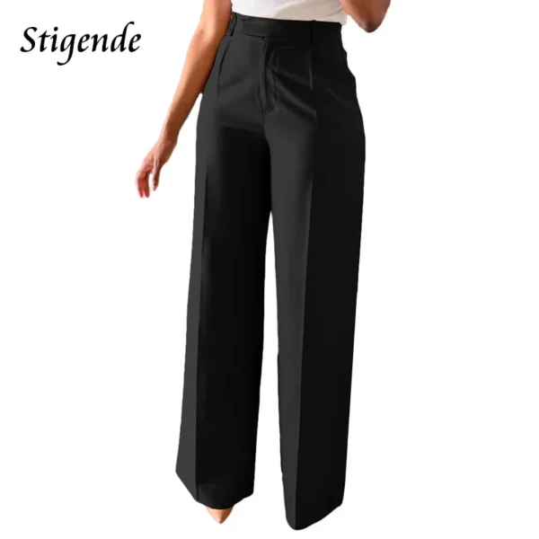 Women Plain Color Business Casual Pants Loose Fit Midi Waist Office Trousers