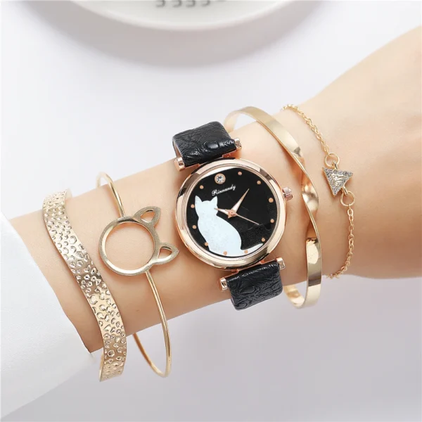 5pcs/set cute fashion cat pattern quartz pu leather women wrist watch - Image 4