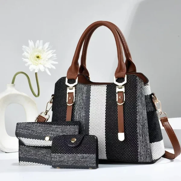 3 Piece Set Large Women's Handbag with Wallet Vertical Stripes - Image 6