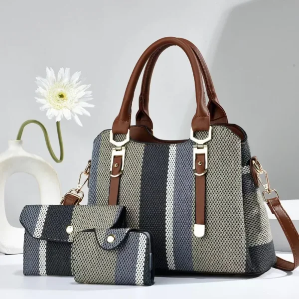 3 Piece Set Large Women's Handbag with Wallet Vertical Stripes - Image 5