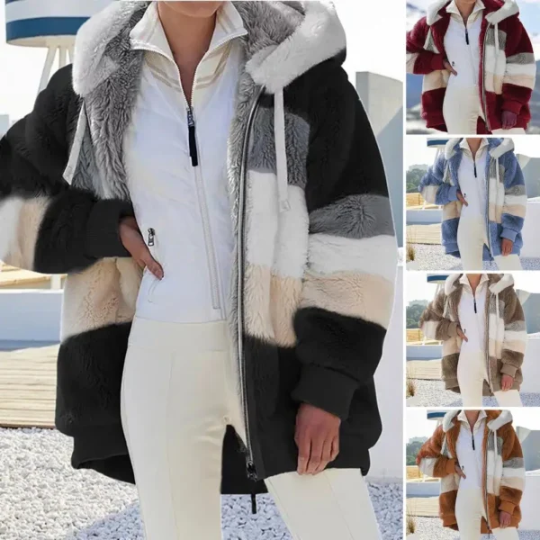 Fluffy Winter Coat Loose Plush Plus Size Lady Jacket Hooded - Image 3