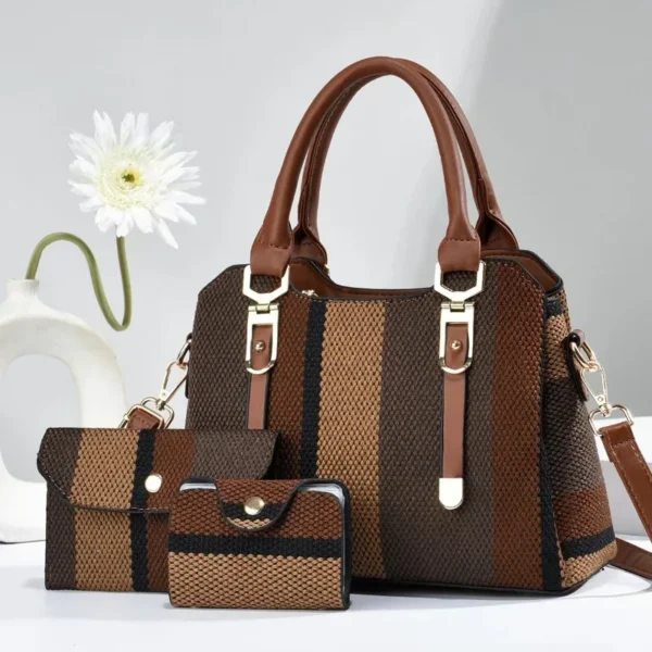 3 Piece Set Large Women's Handbag with Wallet Vertical Stripes - Image 4