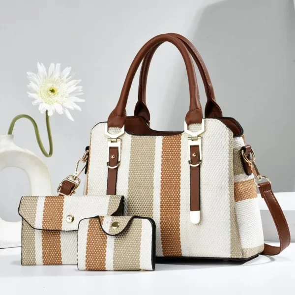 3 Piece Set Large Women's Handbag with Wallet Vertical Stripes - Image 2