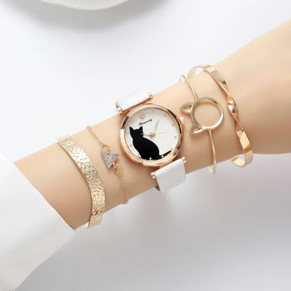 5pcs/set cute fashion cat pattern quartz pu leather women wrist watch - Image 3