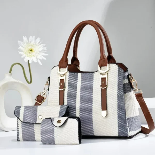 3 Piece Set Large Women's Handbag with Wallet Vertical Stripes - Image 3