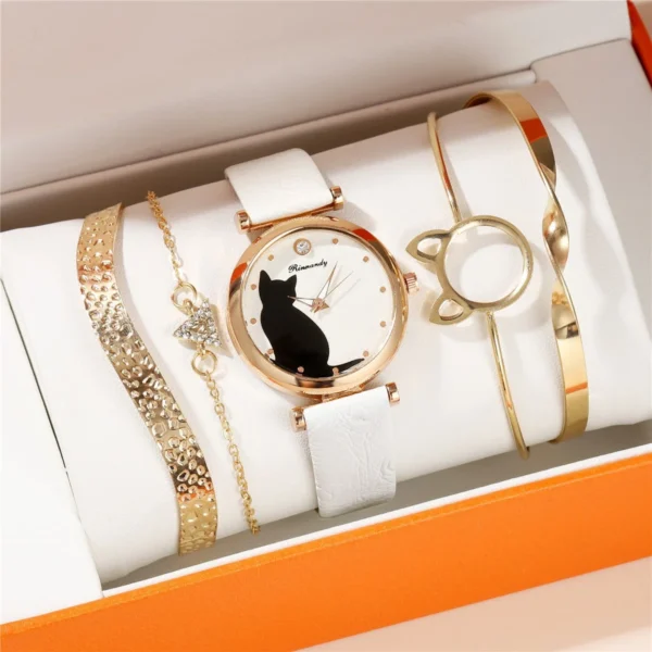 5pcs/set cute fashion cat pattern quartz pu leather women wrist watch